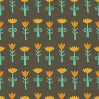 Seamless floral pattern in retro style. Simple cartoon yellow flowers on a dark brown background. Universal ornament for your design. vector