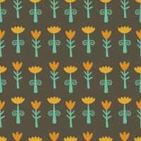 Seamless floral pattern in retro style. Simple cartoon yellow flowers on a dark brown background. Universal ornament for your design. vector