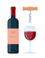 Wine bottle and glass of wine. Corkscrew. Sommelier accessory. Vector illustration.