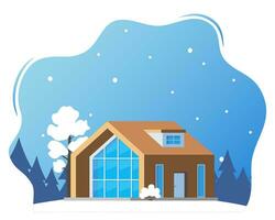 Winter landscape with big house. Winter holidays. Cute winter landscape for holiday banner. Lovely house in a snowy valley. Winter Cabin. Vector illustration.