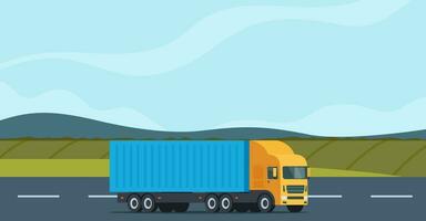 Cargo truck moving on highway road. Commercial transport. Logistics. Car for the carriage of goods. Trucking company banner concept. Vector illustration.