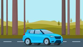 Traveling by car. Car drive along road towards trip adventure. Summer vacation tourism background. Vector illustration.