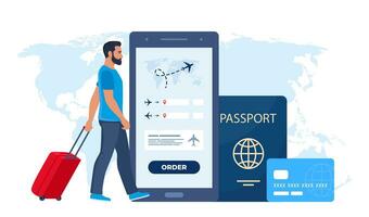 Mobile app for buying ticket with smartphone. Booking flights travel. Air tickets, passport, man walking with suitcase. Travel, journey, business trip. Vector illustration.