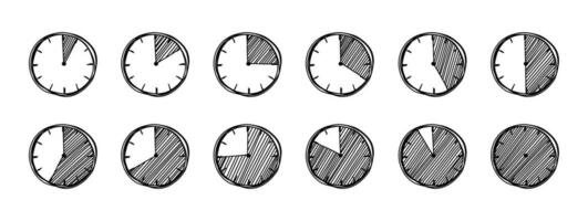 Doodle clocks set with different time intervals. Time interval hand drawn watch set. Clock icon doodle. Sketch of timer simple doodle icons set. Half and quarter of hour. vector