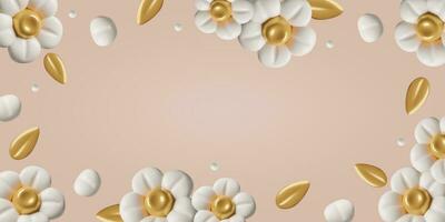 3D white flowers and gold leaves on peach color background Spring floral banner with copy space vector