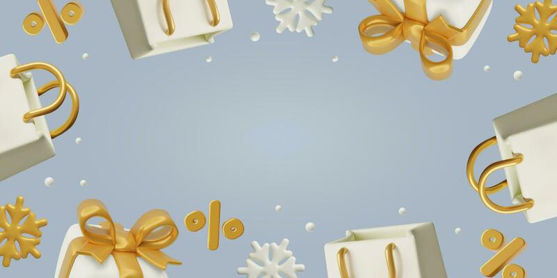 Winter sale background with 3D realistic shopping bags snowflakes presents percentage and copy space