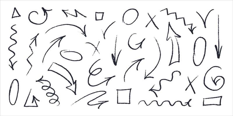 Various charcoal arrows set. Hand drawn doodle symbols. Vector scratched curved line and waves