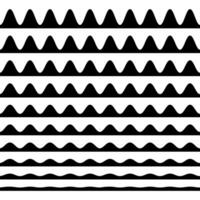 un colección de ondulado zigzag horizontal ondulante líneas, sin costura fronteras, y suave y angular gráfico diseño elementos conjunto en un blanco antecedentes. vector