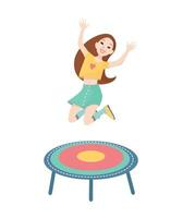 Happy girl jumping on a trampoline. Vector colorful illustration on white background.