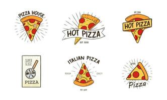 Pizzeria logotypes set. Collection of different logo with pizza slices and inscriptions. vector