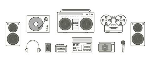 Sound systems retro collection. Portable player, headphones, cassette player, stereo system, speakers, record player, tape recorder, mic, radio, vinyl player. Contour vector line art illustration set