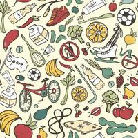 Healthy lifestyle seamless pattern. Hand drawn background with fitness, sport, fruit and vegetables symbols. Doodle vector illustration