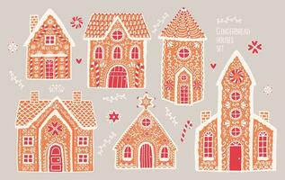 Gingerbread houses set. Cute hand drawn honey-cakes with patterns. Colorful vector illustrations collection.