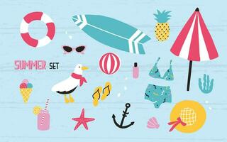Colorful summer set with hand drawn elements- pineapple, ice cream, seagull, surfboard, ball, swimwear, hat, beach umbrella, sunglasses, lifebuoy, starfish, drink, flip flops, anchor. vector