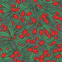 Seamless pattern with goji berries. Colorful hand drawn background with branches. vector