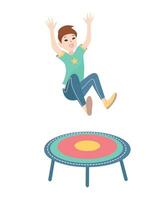 Happy boy jumping on a trampoline. Vector colorful illustration on white background.