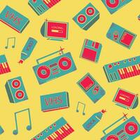 Seamless pattern with old school things. background with synthesizers, tape recorder, phone and other elements. vector