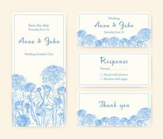 Wedding invitation cards with chrysanthemum flowers. Different vertical and horizontal templates. Monochrome vector illustration.