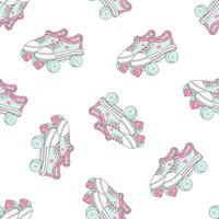 Seamless pattern with quad roller skates on white background. Retro laced boots, colorful vector background.