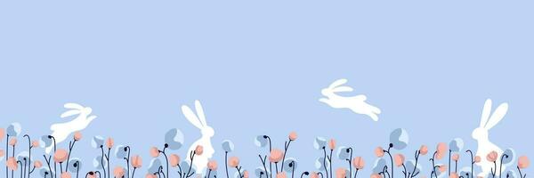 Easter blue background with spring flowers and silhouettes of rabbits. Spring and Easter background with a place for text vector