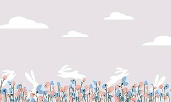 Easter background with spring flowers, silhouettes of rabbits and clouds. Spring and Easter background with a place for text vector