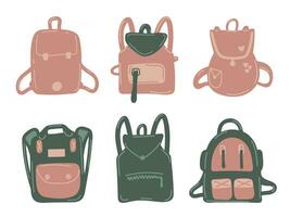 conjunto de colegio mochilas de diferente formas y estilos. aislado maletines en un blanco antecedentes para Niños de escuela, estudiantes y viajeros. vector