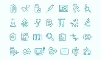 Clinical trials, medicine, pharmacology, health care line icon set in blue. Cardiogram, ultrasound, stethoscope, heart, blood, Rh, syringe, micronutrients, genetic test vector illustration.