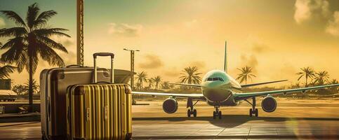 ai generado maleta en aeropuerto con trópico playa antecedentes. generativo ai foto