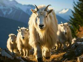 AI generated Herd of Mountain Goats on a Rocky Hill. Generative AI photo