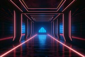 AI generated Modern Dark Room with Glowing Neon Lines with Retro 80s Style. Futuristic Interior with Laser Effect. Generative AI photo