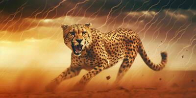 AI generated A Cheetah Sprinting in the Desert with Thunderstorm Behind. Generative AI photo