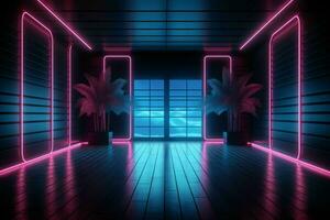 AI generated Modern Dark Room with Glowing Neon Lines with Retro 80s Style. Futuristic Interior with Laser Effect. Generative AI photo