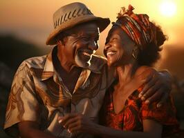 ai generado romántico mayor africano Pareja abrazando cada otro con puesta de sol vista. generativo ai foto