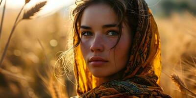 AI generated Beautiful Middle Eastern Woman with Freckled Face, Wearing Headscarf in Wheat Field with Glowing Sunlight Effect. Generative Ai photo