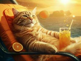 AI generated Orange Cat Chilling and Lying on a Sun Lounger Enjoying Orange Juice with Sunshine. Generative AI photo