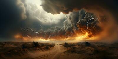 AI generated Stormy Sky with Lightning Strikes in the Desert. Sandstorm Landscape. Generative Ai photo