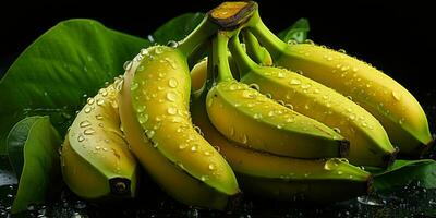 AI generated Fresh Bananas with Water Droplets. Bunch of Banana Isolated on Black Background. Generative AI photo