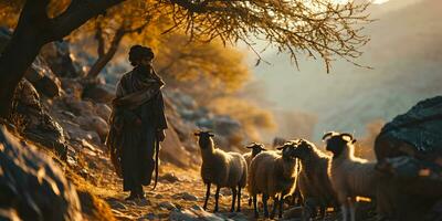 AI generated A Middle Eastern man herds a flock of sheep in a desert valley at sunset. Generative Ai photo