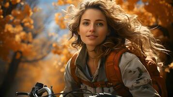 AI generated Beautiful and Happy Young Woman Traveling in Nature with Her Backpack. Generative Ai photo