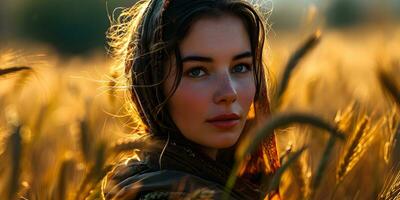 ai generado hermosa medio oriental mujer con pecoso rostro, vistiendo Pañuelo en trigo campo con brillante luz de sol efecto. generativo ai foto