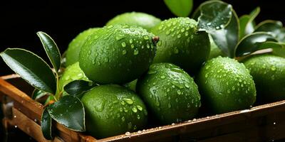 AI generated Fresh Feijoa Fruit with Water Drops Isolated on Black Background. Acca Sellowiana. Generative AI photo