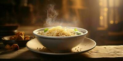 AI generated A Bowl of Hot Noodle Soup on Wooden Table. Generative AI photo