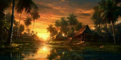 AI generated Beautiful Landscape of Village with with Coconut Tress at Sunset. Generative AI photo