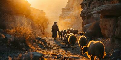 ai generado un medio oriental hombre manadas un rebaño de oveja en un Desierto Valle a puesta de sol. generativo ai foto