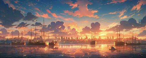 AI generated Beautiful Harbor with Blue Sky and Sunset View in Japanese Anime Style. Generative AI photo