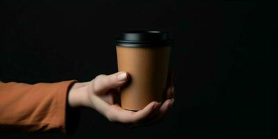 AI generated Female Hand Holding a Brown Coffee Paper Cup on Black Background. Elegant Coffee Cup Mockup. Generative AI photo