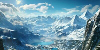 AI generated Illustration of a Large Snowy Mountain Landscape with a Lake Below. Winter Mountains. Generative AI photo