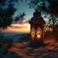 AI generated Arabic Lantern in the Desert at Sunset. Ramadan Kareem Background. Muslim Holy Month. Generative Ai photo