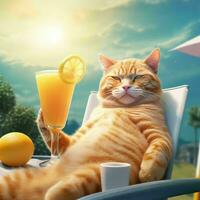 AI generated Orange Cat Chilling and Lying on a Sun Lounger Enjoying Orange Juice with Sunshine. Generative AI photo