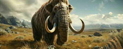 AI generated A Woolly Mammoth with Vast Pastures and Mountains Background. Generative AI photo